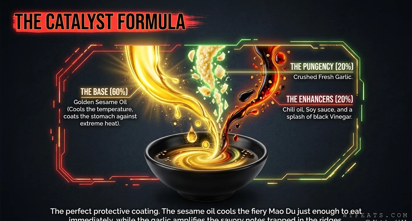 The catalyst formula: a dipping sauce of roughly sixty percent sesame oil, twenty percent garlic, and twenty percent enhancers like chili oil, soy sauce, and vinegar
