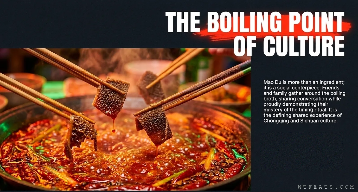 The boiling point of culture: chopsticks lifting máo dù from a bubbling red hot pot surrounded by friends