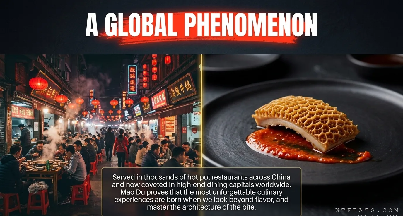 A global phenomenon: a bustling Chinese hot pot street scene and an elegant máo dù plating