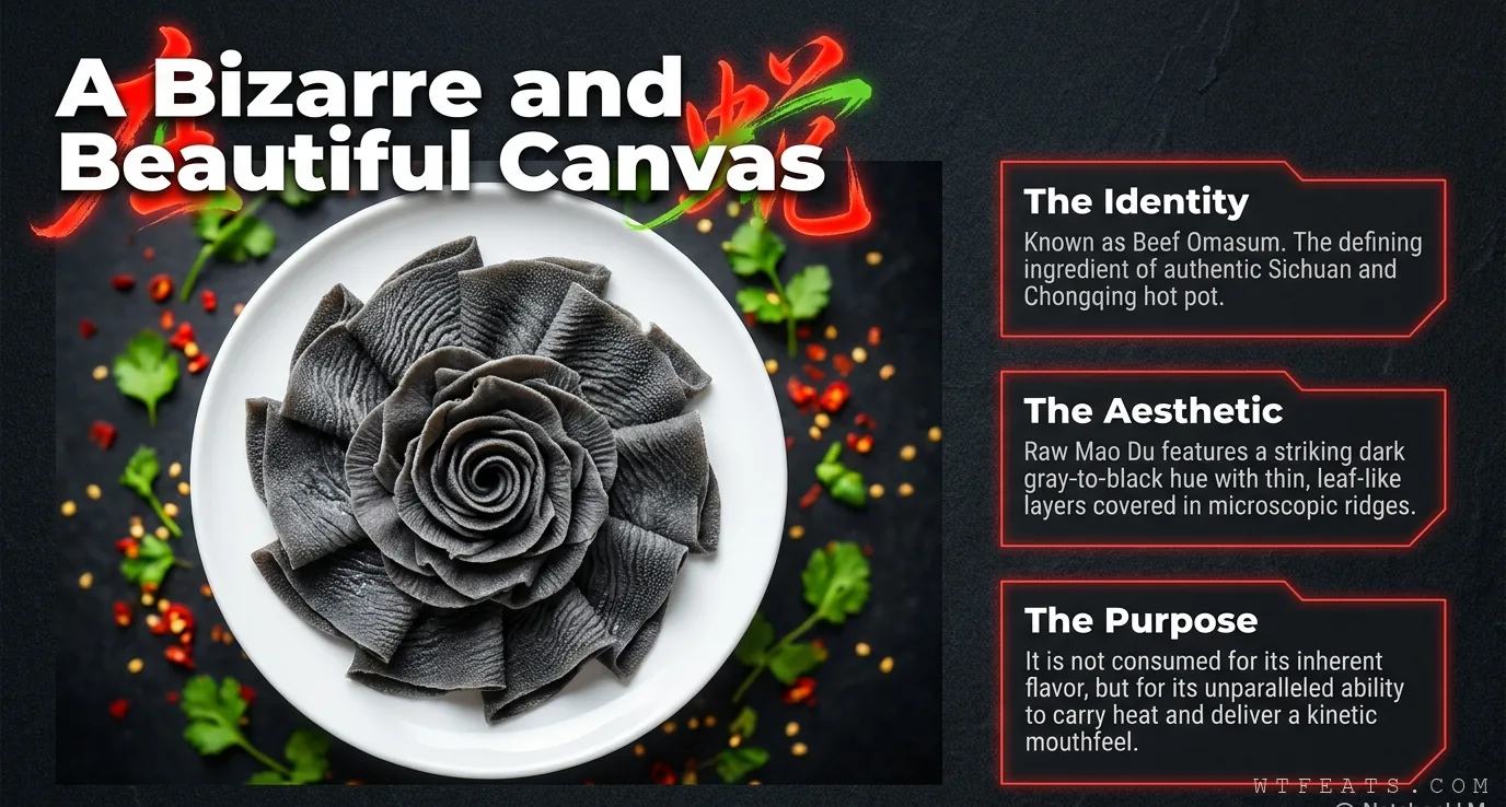 A bizarre and beautiful canvas: fresh máo dù arranged like a rose of petals on a white plate, with identity, aesthetic, and purpose