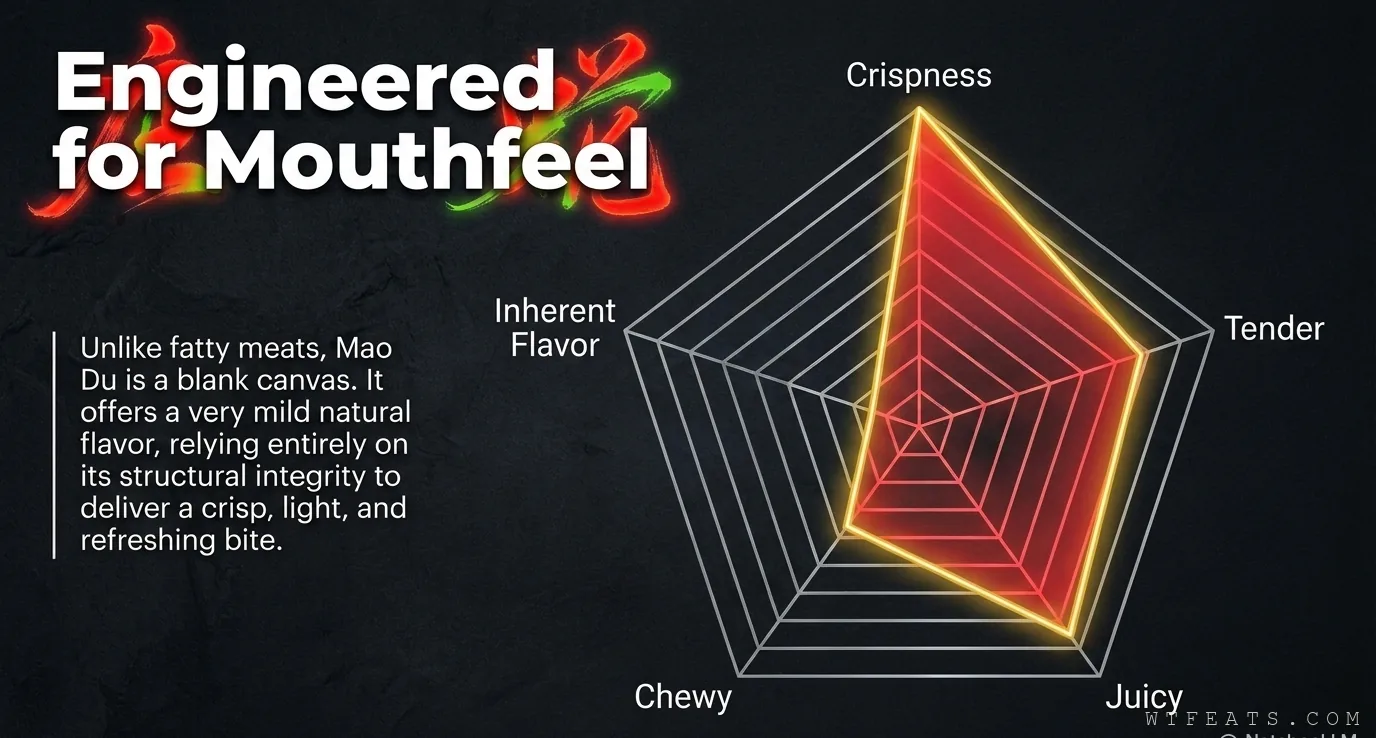 Engineered for mouthfeel: a radar chart of máo dù scoring high on crispness, tender, juicy, and chewy, low on inherent flavor