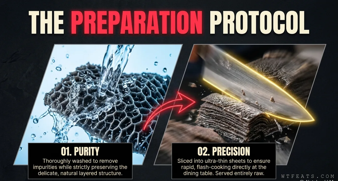 The preparation protocol: step 01 purity, washing the omasum, and step 02 precision, slicing it into thin sheets