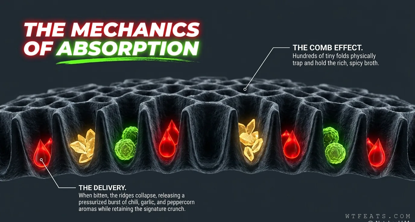 The mechanics of absorption: máo dù's ridged folds trapping hot pot broth, the comb effect illustrated