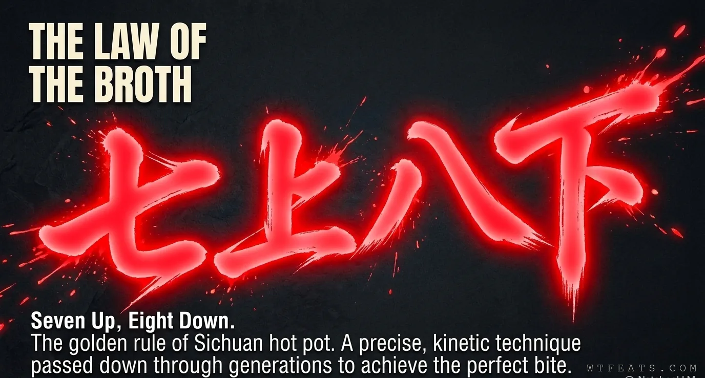 The law of the broth: Seven Up, Eight Down written in bold red Chinese calligraphy