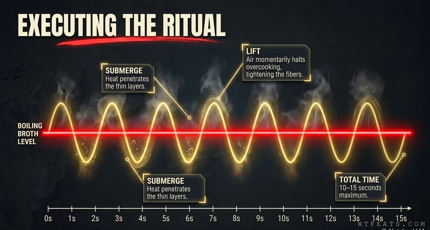 Executing the ritual: a waveform diagram of dipping máo dù up and down in boiling broth for ten to fifteen seconds