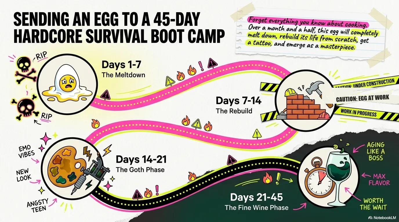 NotebookLM illustration of a basic egg transforming into a century egg