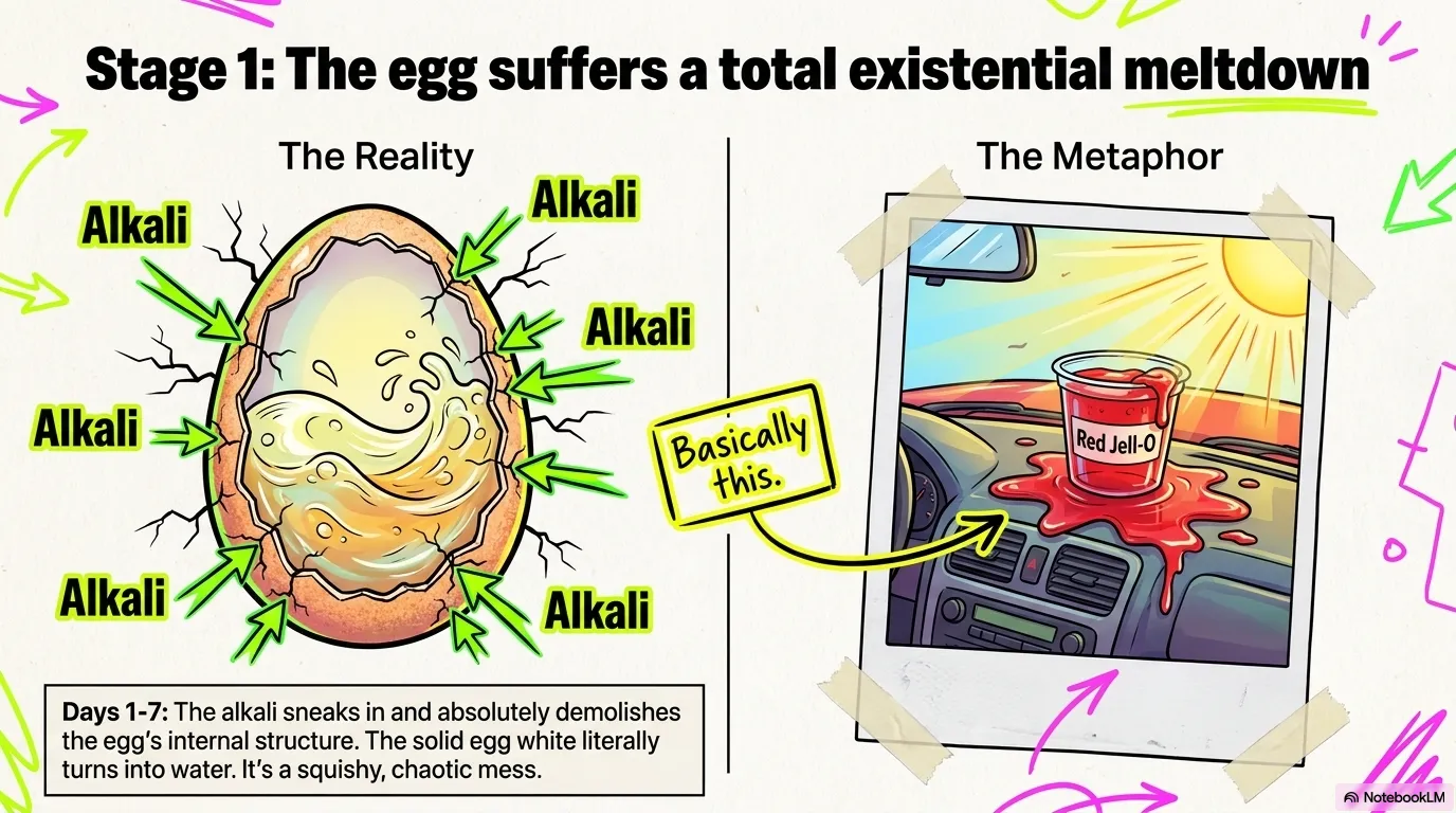 Alkaline curing penetrates the eggshell