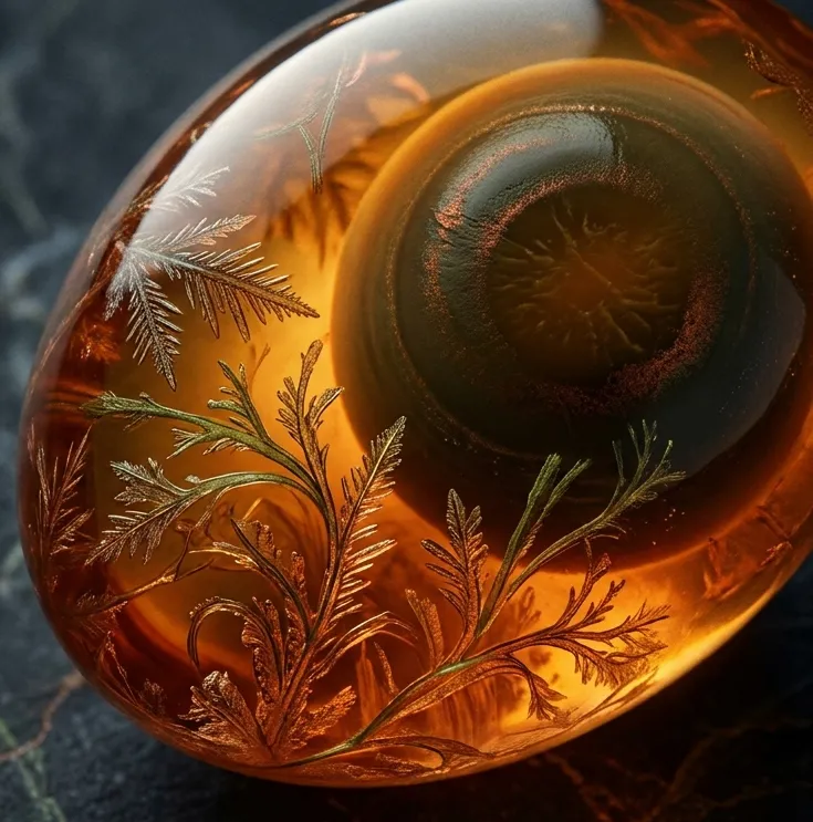 A century egg with amber jelly and pine-flower patterns