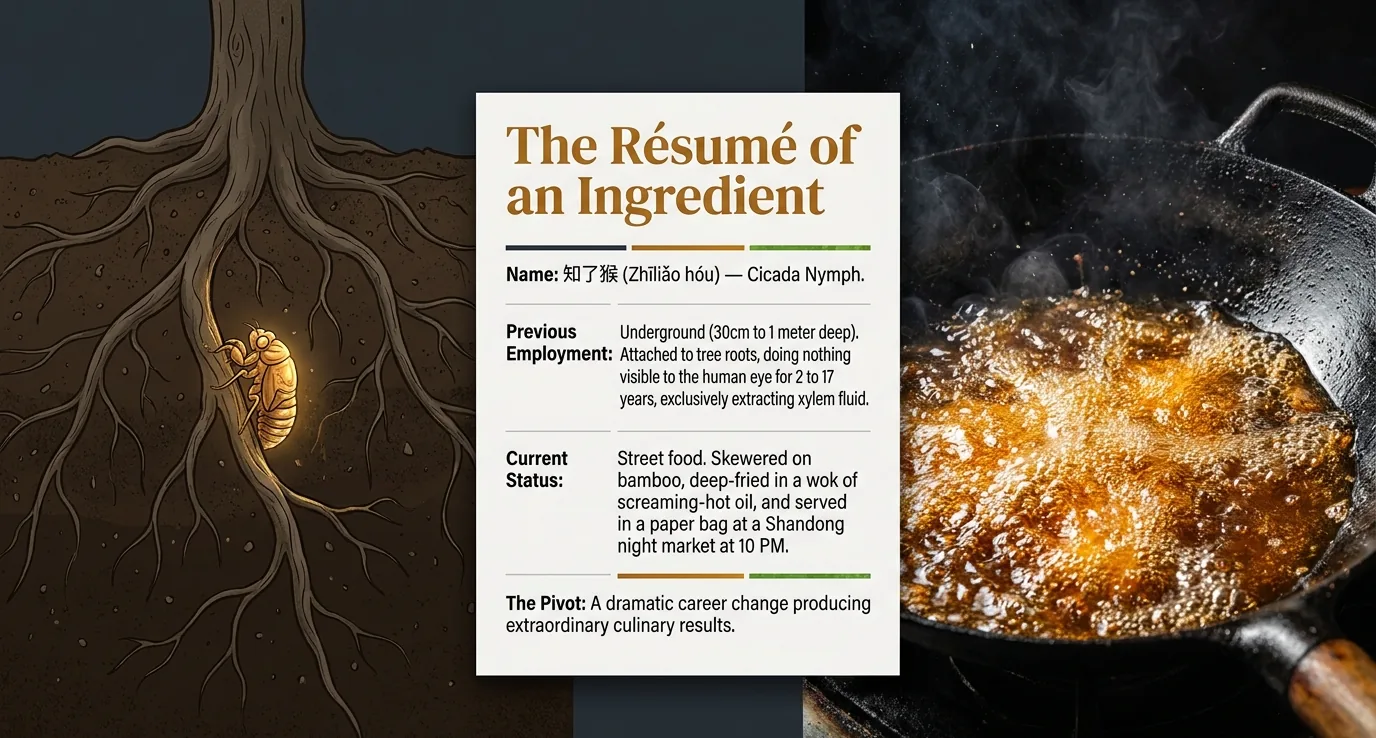 The Résumé of an Ingredient: Name 知了猴, Previous Employment Underground, Current Status Street Food