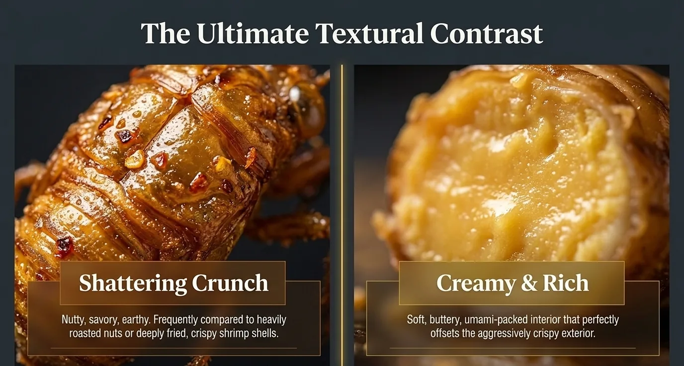 The ultimate textural contrast: a crispy shattering exoskeleton on the left and a creamy rich interior on the right