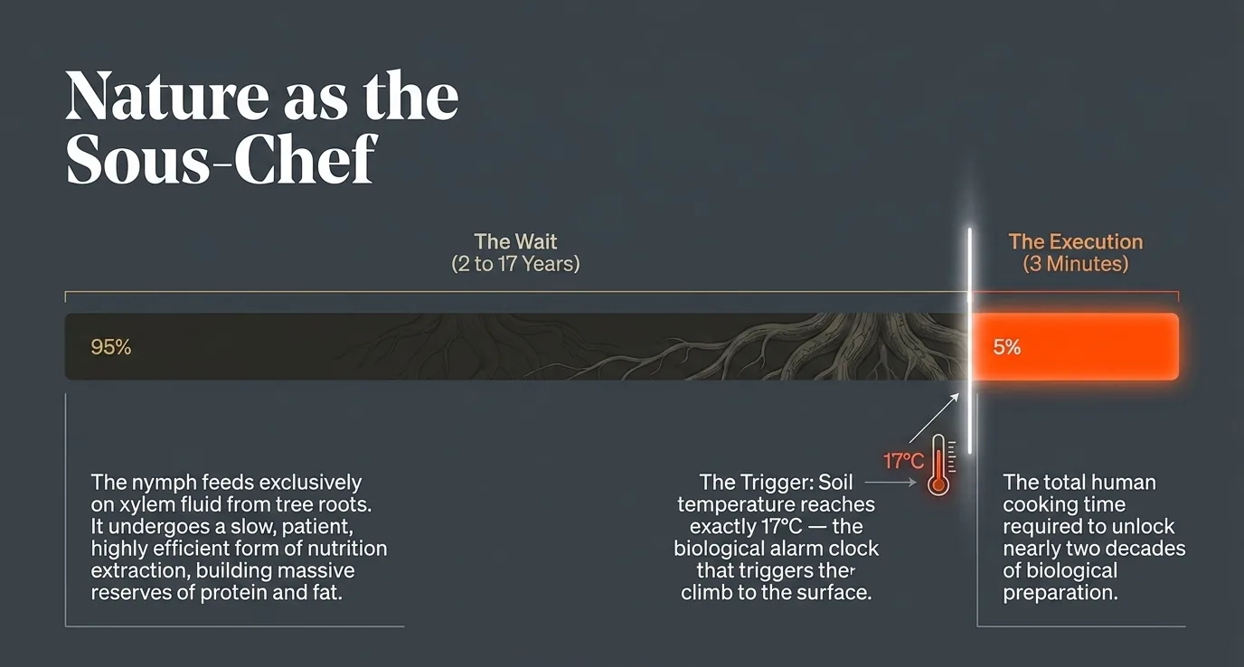 Nature as the Sous-Chef: 95% of the work is the 2 to 17 year wait underground, 5% is the 3 minute execution