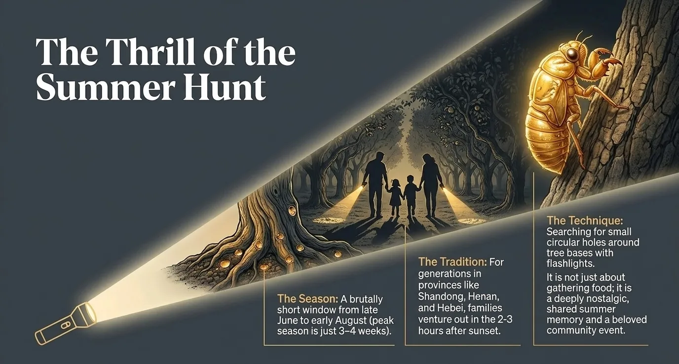 The Thrill of the Summer Hunt: families searching with flashlights in orchards and forests at night