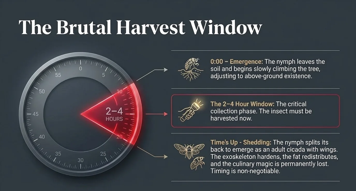 The Brutal Harvest Window: 2-4 hours between emergence from soil and shedding the exoskeleton