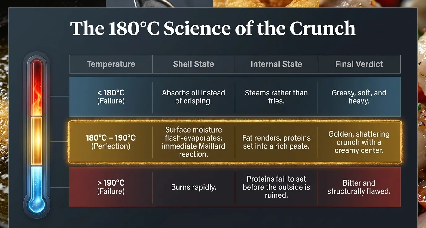 The 180°C Science of the Crunch: temperature, shell state, internal state, and final verdict table