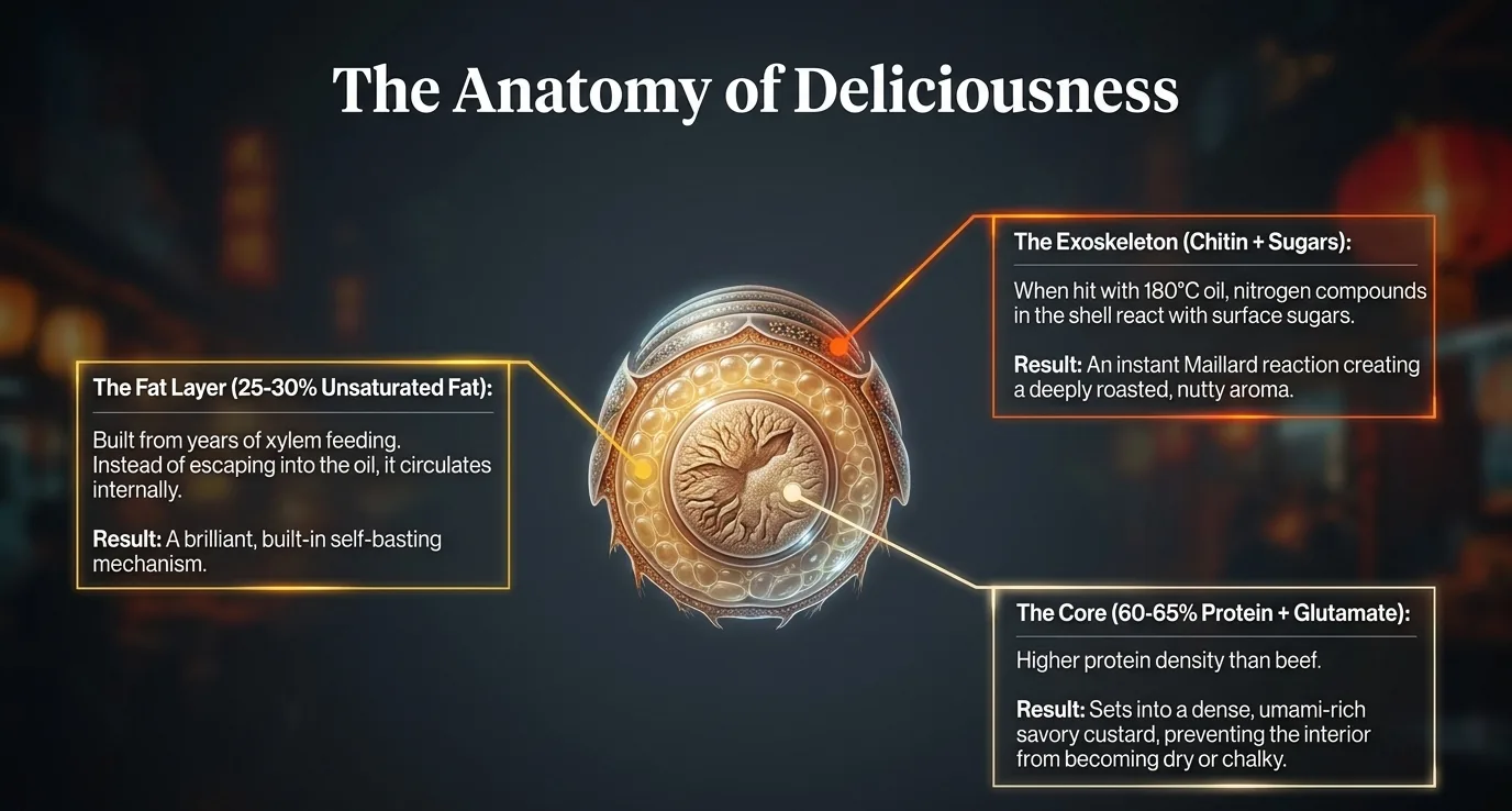 The Anatomy of Deliciousness: a cross-section diagram showing the exoskeleton, fat layer, and protein core of a cicada nymph
