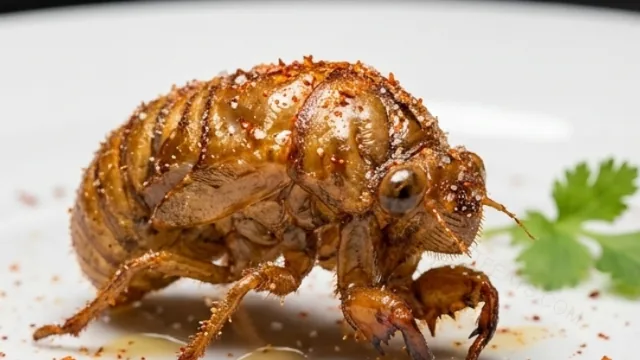 Golden-brown fried cicada nymphs piled on a white ceramic plate, seasoned with chili, cumin, and fresh cilantro