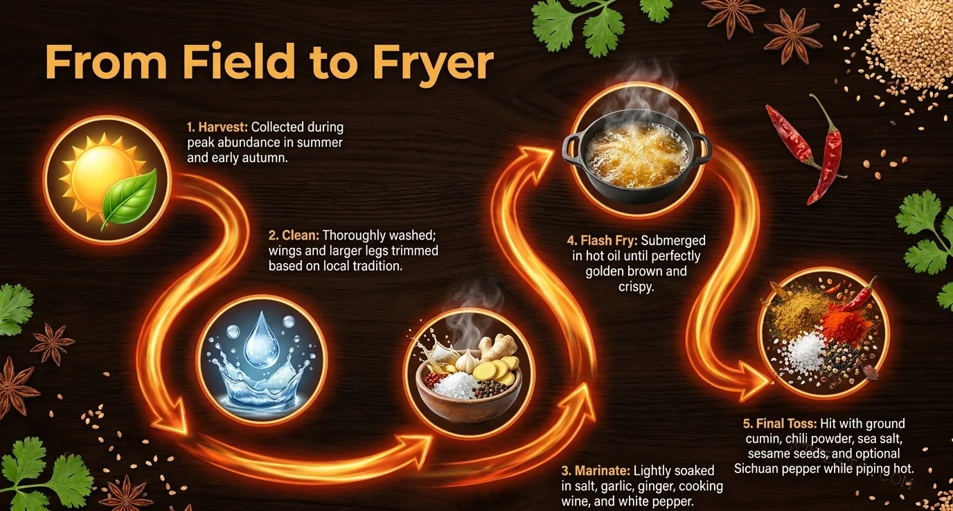 From Field to Fryer: the five-step process of preparing fried grasshoppers