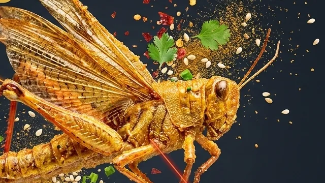 Golden-brown fried grasshoppers piled on a white porcelain plate, garnished with cilantro and chili flakes, set against a bustling Chinese night market backdrop