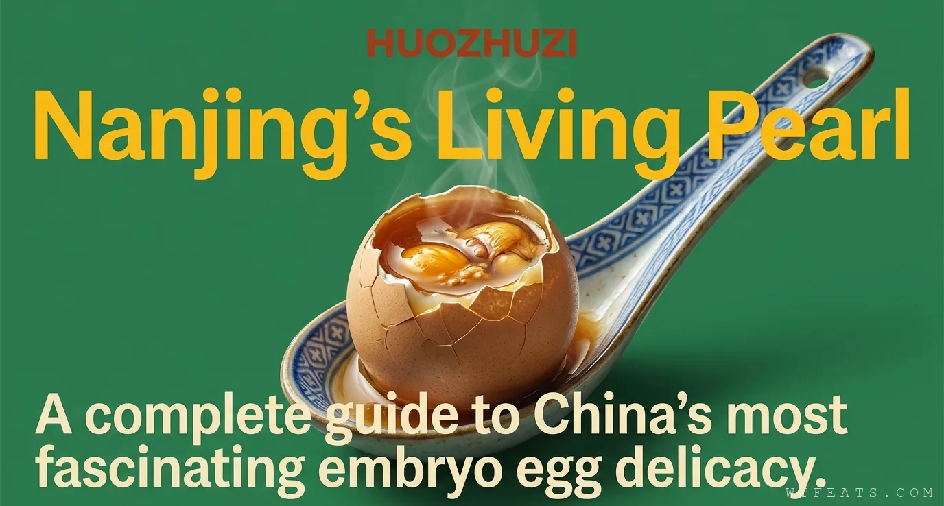 Nanjing's Living Pearl title slide: a cracked huozhuzi egg on a blue-and-white porcelain spoon