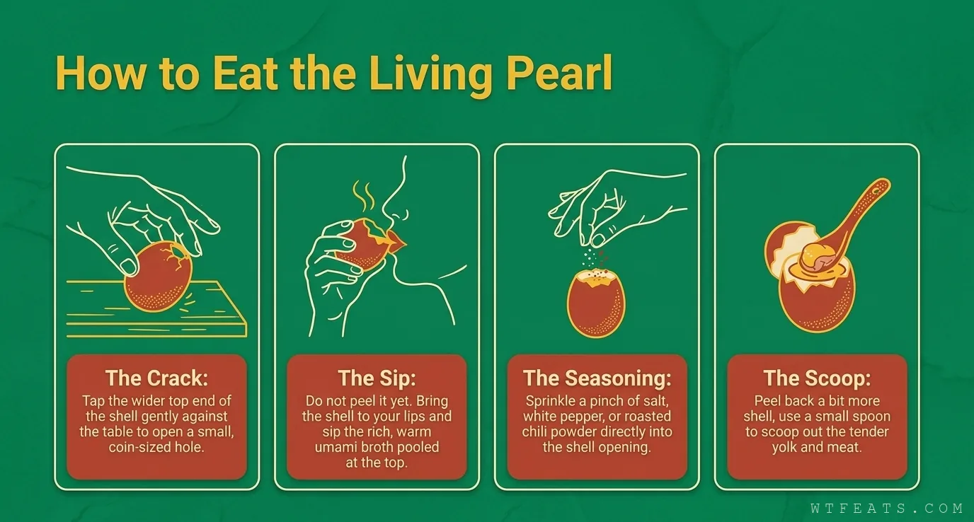 How to eat the living pearl: the crack, the sip, the seasoning, the scoop