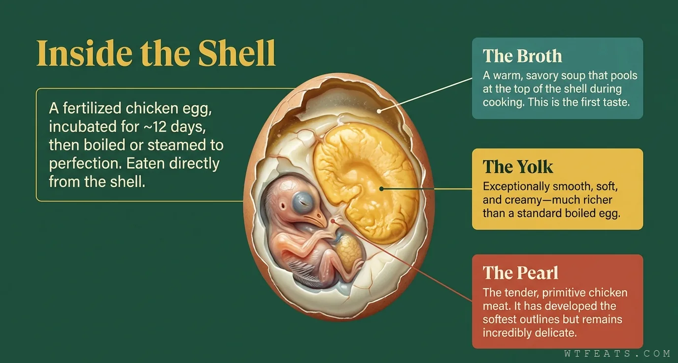 Inside the shell: a cross-section of huozhuzi labeling the broth, the yolk, and the pearl