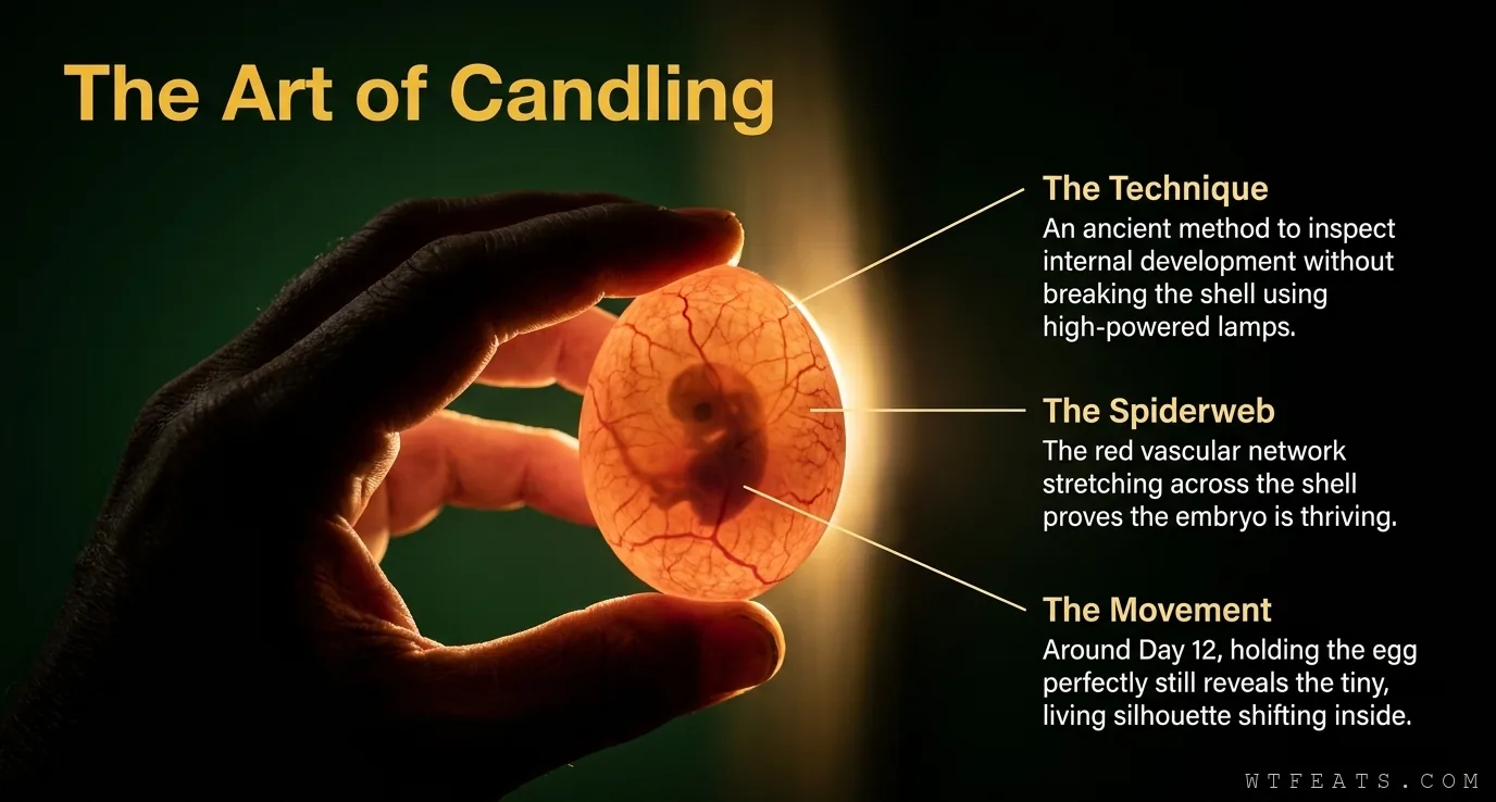 The art of candling: a hand holding a glowing backlit egg showing the red vascular spiderweb and embryo silhouette