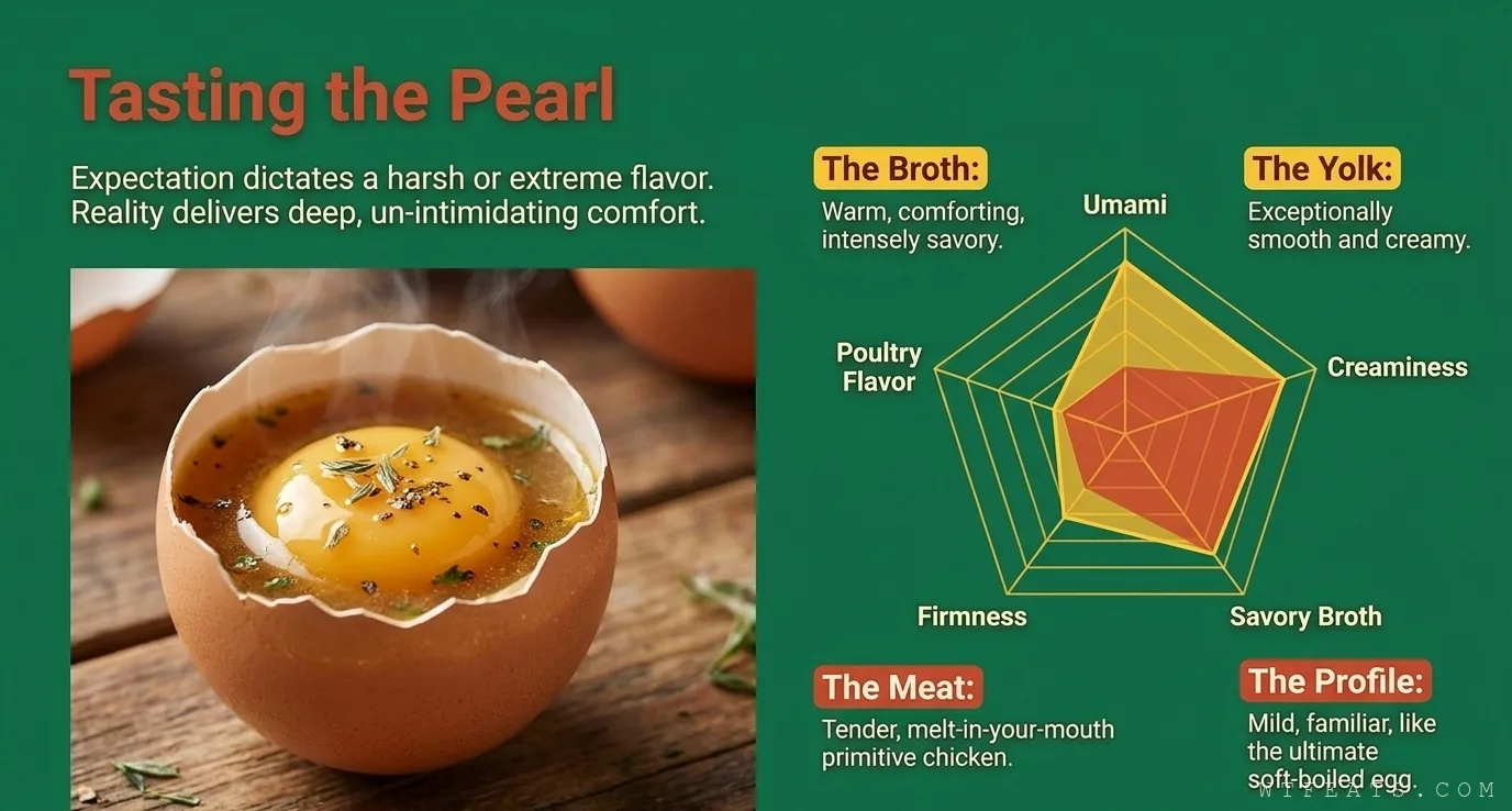 Tasting the pearl: a cooked huozhuzi in shell beside a flavor radar chart of umami, creaminess, and savory broth