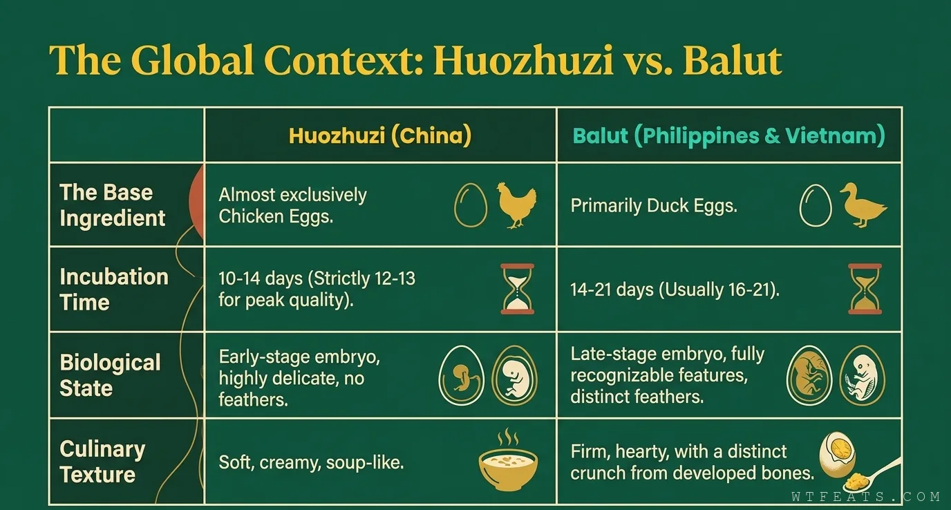 Huozhuzi versus balut comparison table: chicken versus duck eggs, 12 to 13 versus 16 to 21 days, early versus late embryo, soft versus firm