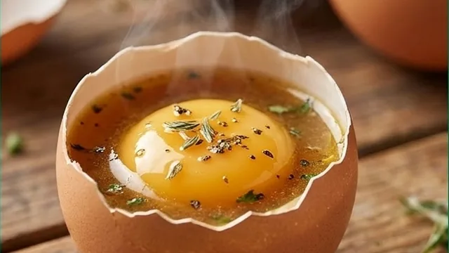 A steaming huozhuzi egg in its shell, golden yolk floating in savory broth with herbs