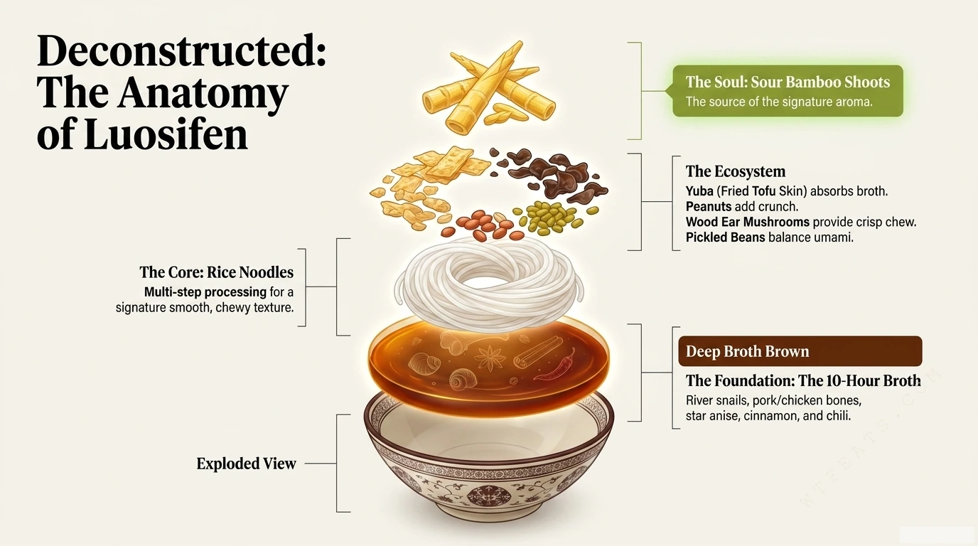 Exploded-view diagram of luosifen: sour bamboo shoots, fried yuba, peanuts, wood ear mushrooms and pickled beans above rice noodles and the 10-hour broth