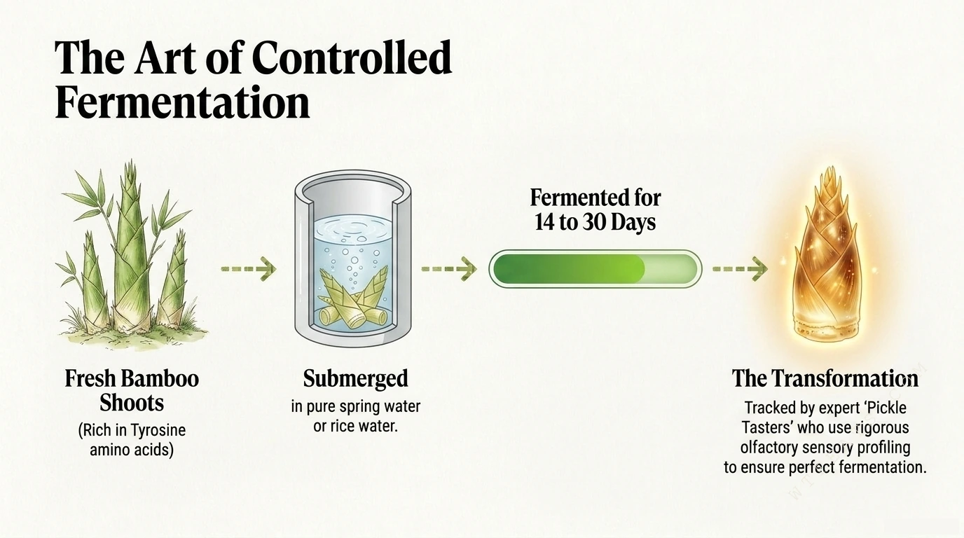 The Art of Controlled Fermentation — fresh bamboo shoots submerged in spring water, fermented 14 to 30 days, tracked by expert pickle tasters