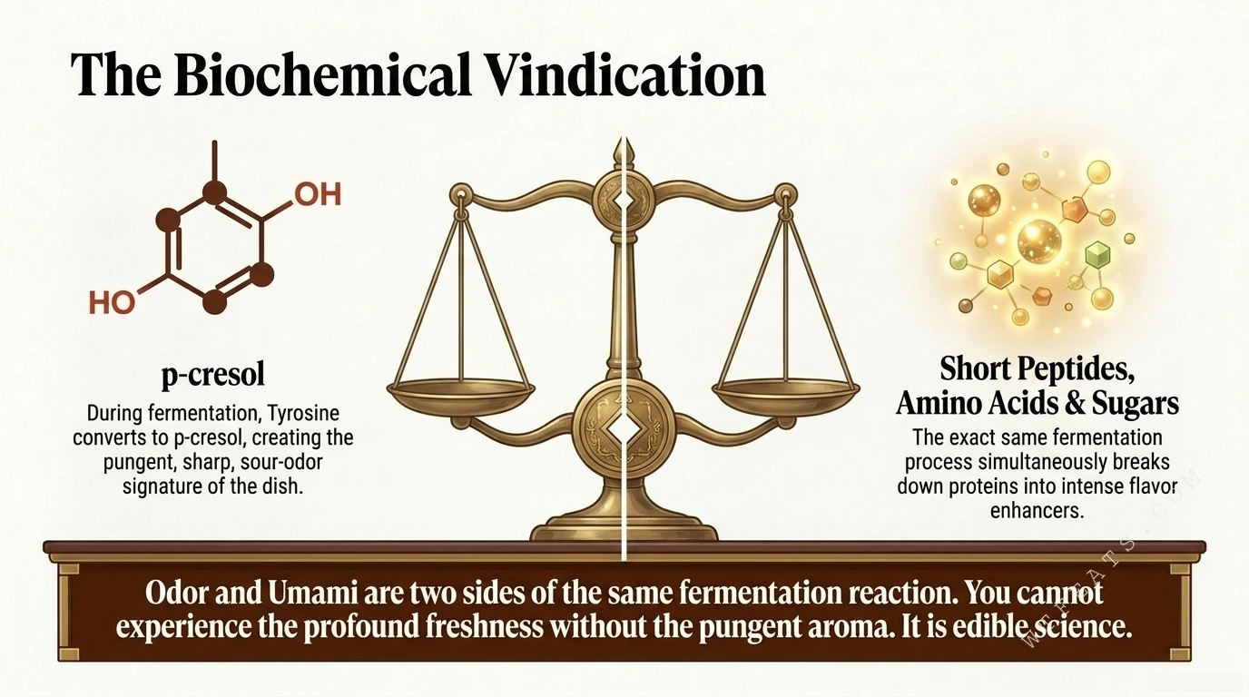 The Biochemical Vindication — a balance scale weighing p-cresol against short peptides, amino acids, and sugars from the same fermentation