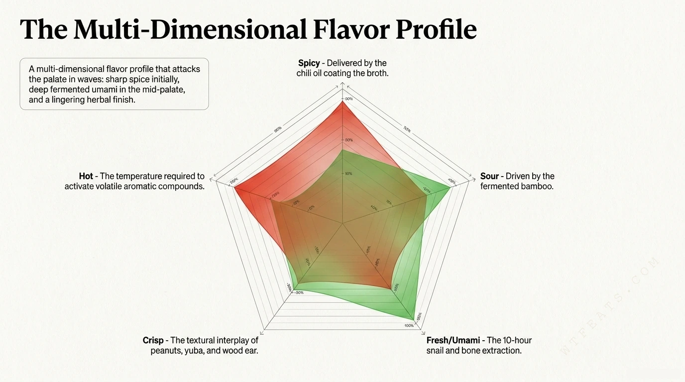 The Multi-Dimensional Flavor Profile — a radar chart mapping luosifen's spicy, sour, fresh-umami, crisp, and hot dimensions