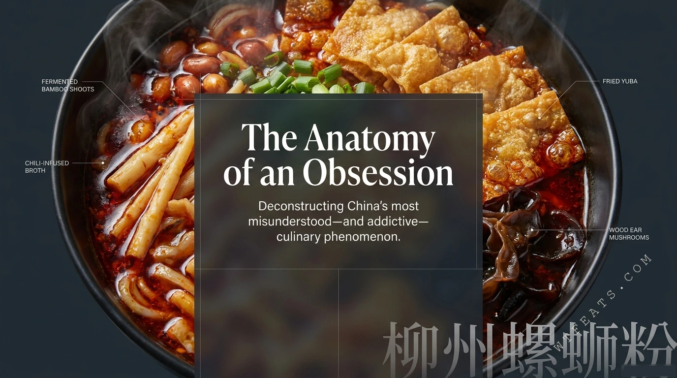 The Anatomy of an Obsession — a bowl of luosifen with callouts for fermented bamboo shoots, chili-infused broth, fried yuba, and wood ear mushrooms