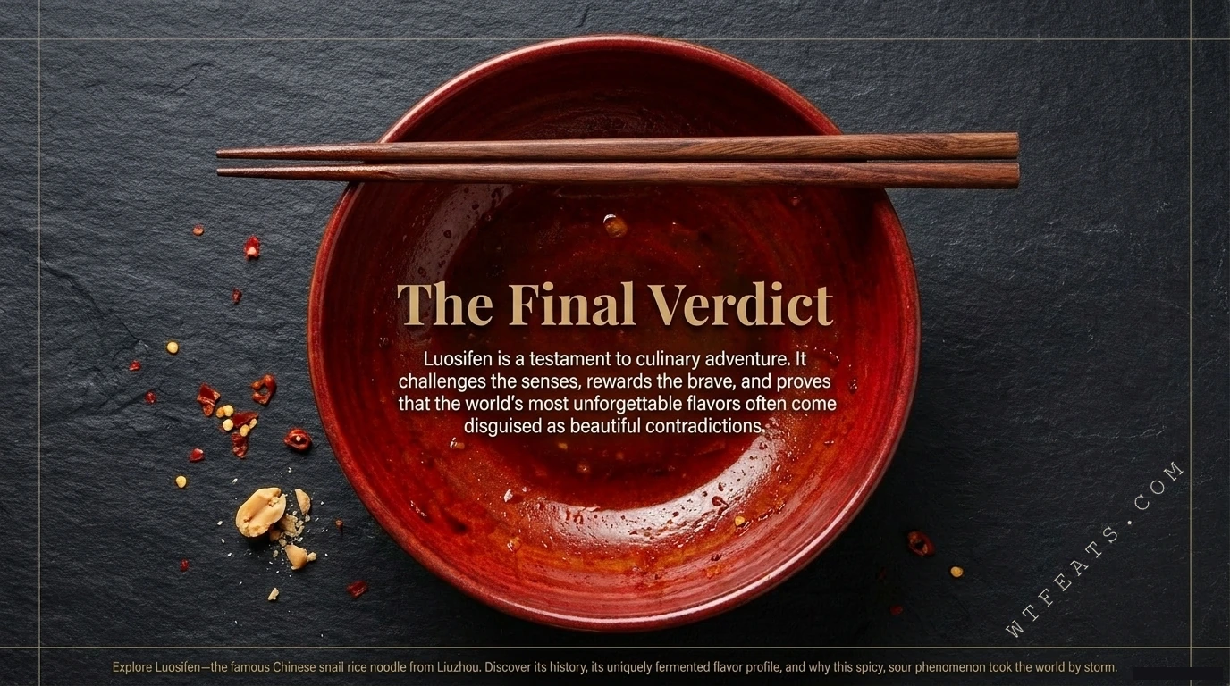 The Final Verdict — an empty red lacquer bowl with chopsticks resting on top, chili flakes scattered nearby
