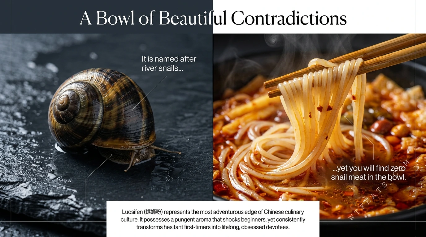 A Bowl of Beautiful Contradictions — a river snail beside chopsticks lifting chili-laced rice noodles