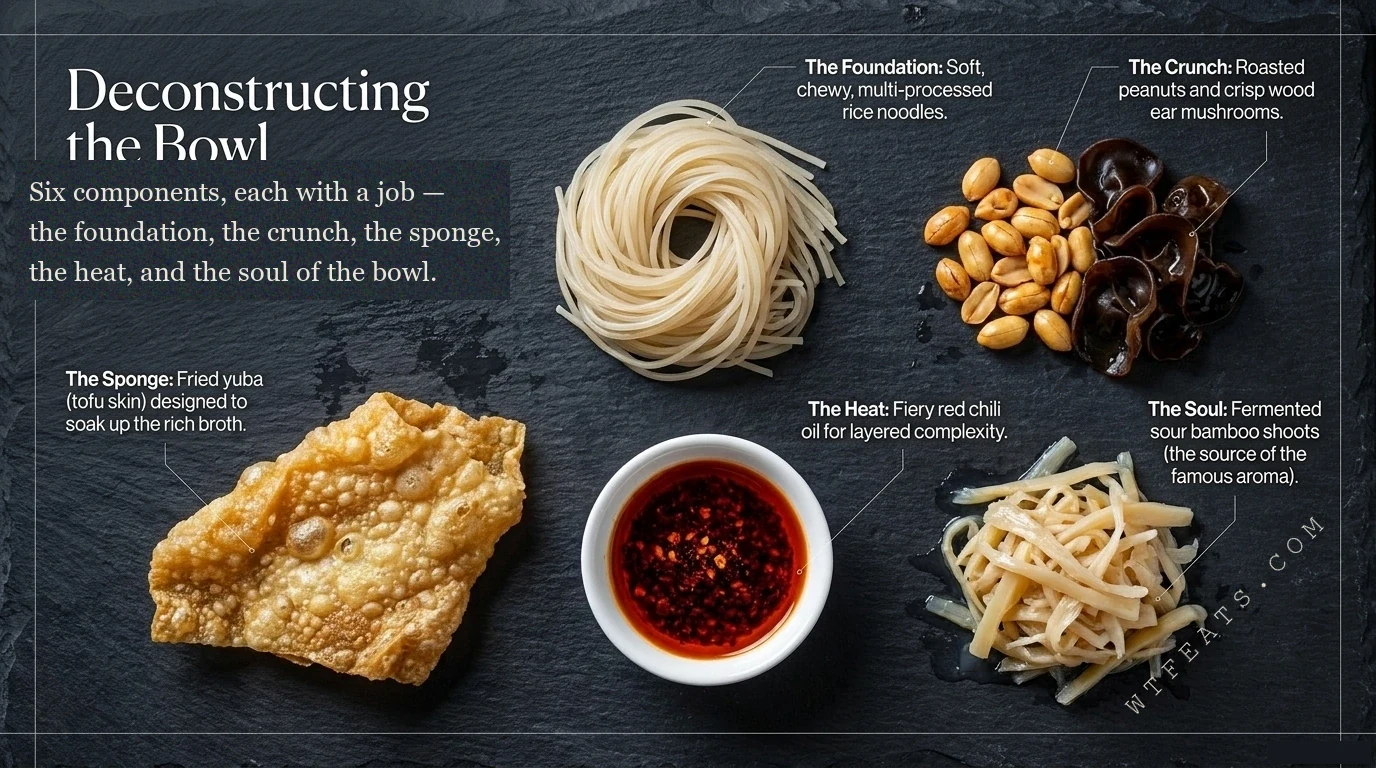 Deconstructing the Bowl — rice noodles, roasted peanuts, wood ear mushrooms, fried yuba, chili oil, and fermented bamboo shoots with their roles labeled