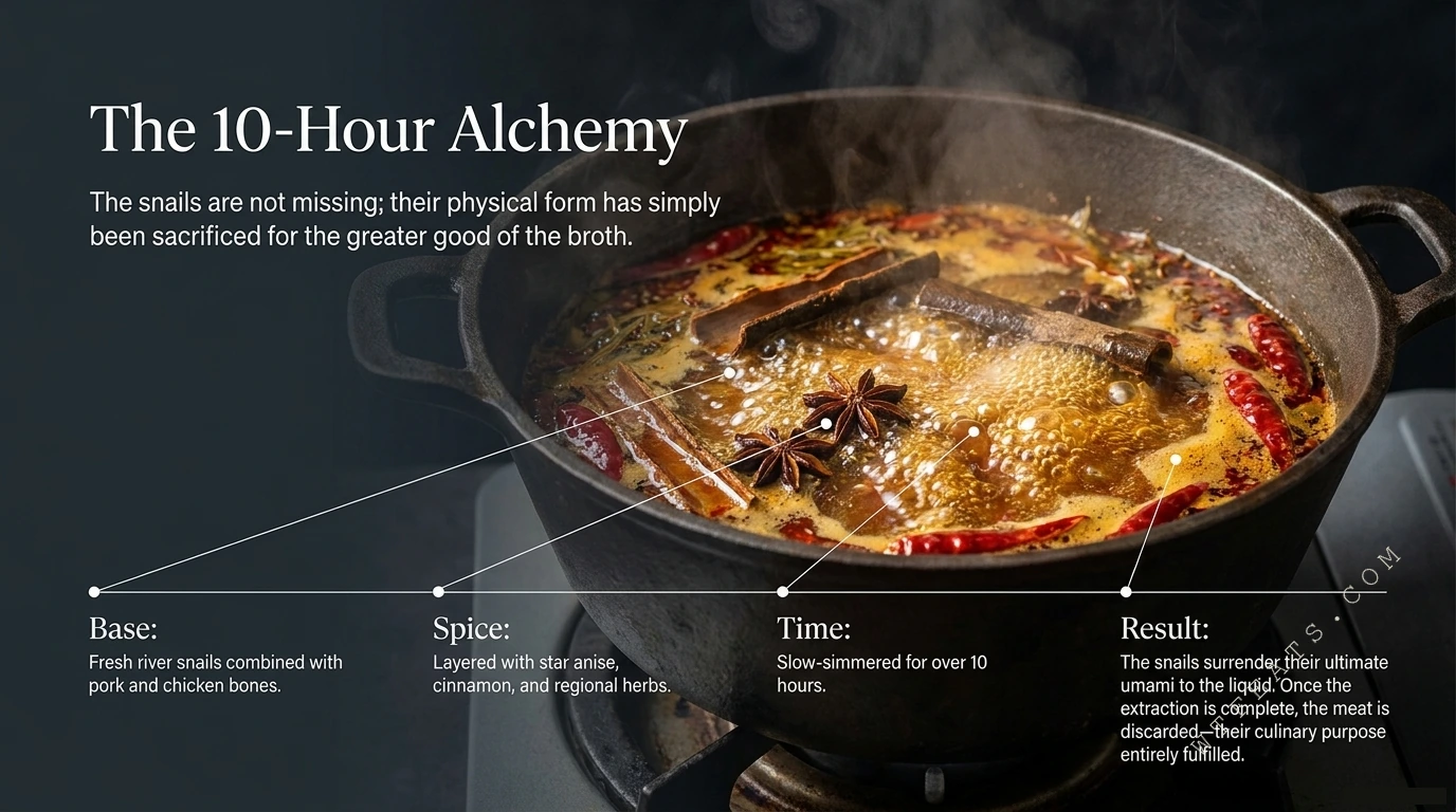 The 10-Hour Alchemy — a steaming pot of snail broth with star anise, cinnamon, and dried chilies