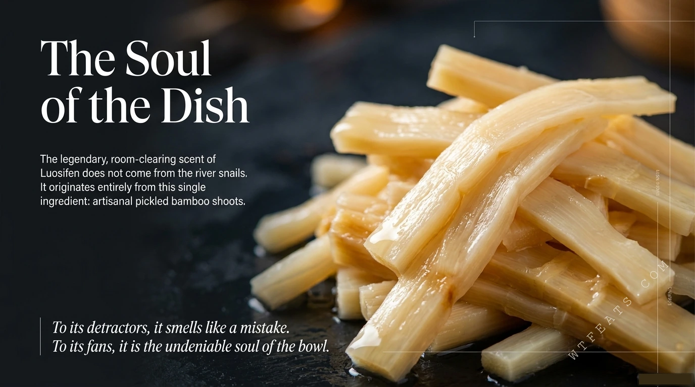 The Soul of the Dish — a pile of glistening fermented sour bamboo shoots