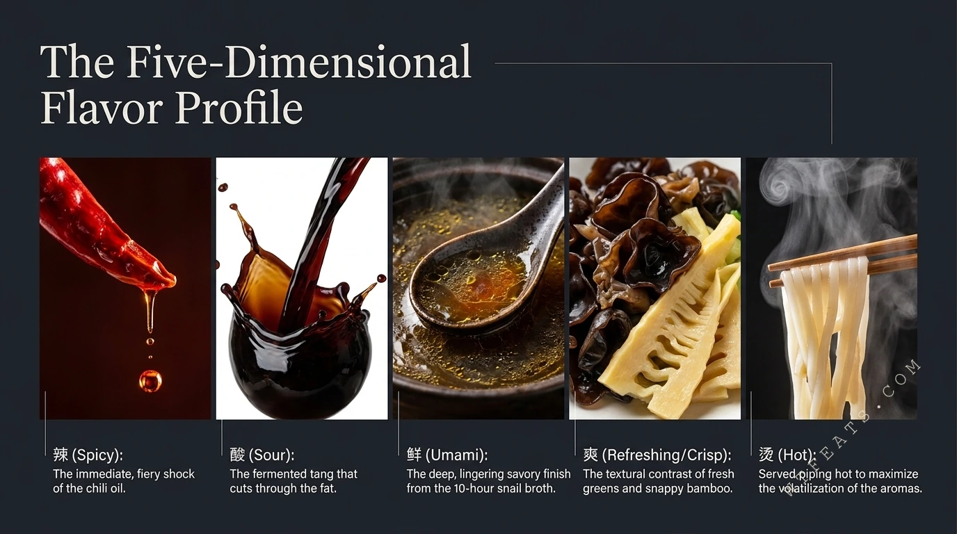 The Five-Dimensional Flavor Profile — chili oil, sour splash, umami broth, crisp bamboo and wood ear, and steaming hot noodles