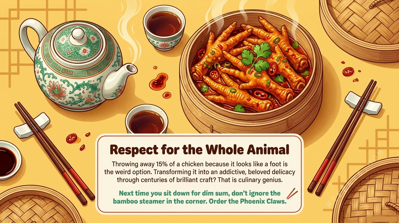 A dim sum table with phoenix claws and tea: respect for the whole animal