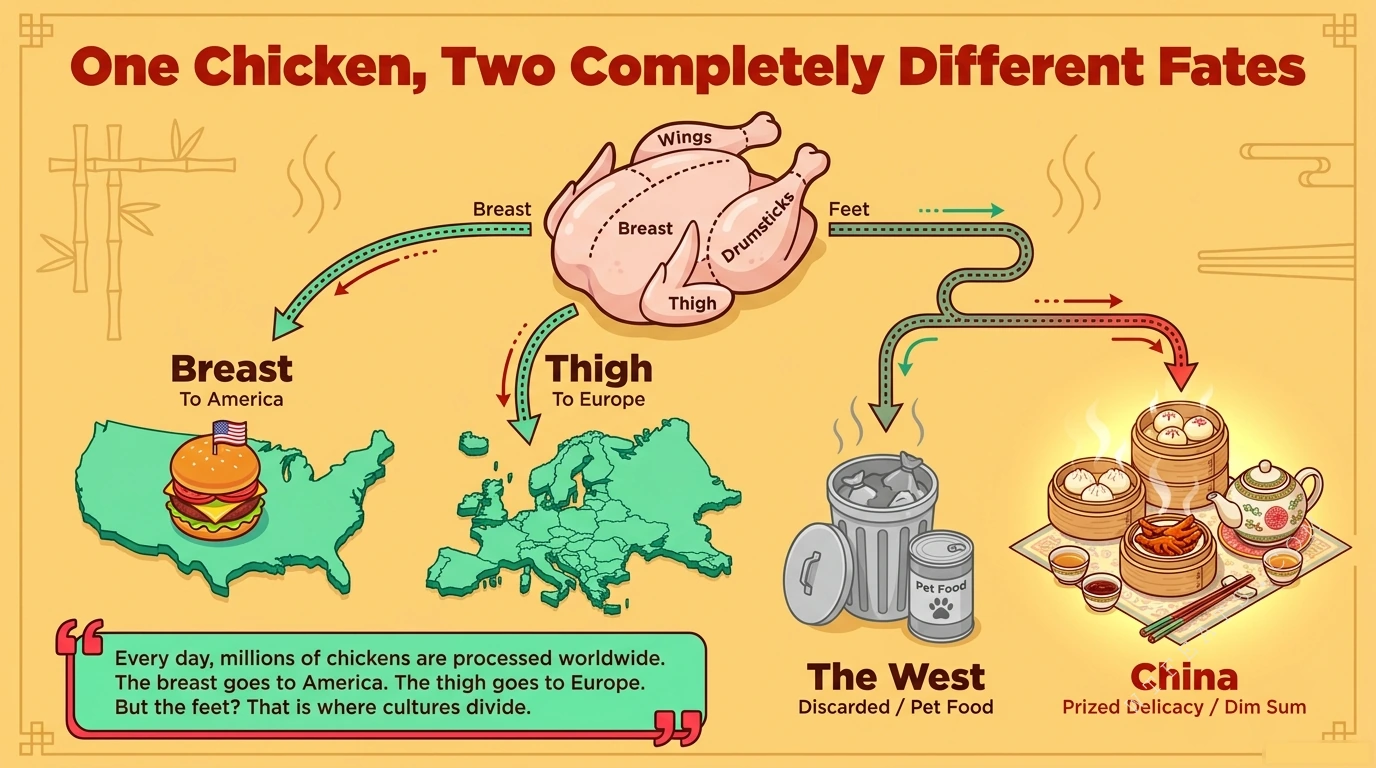 Illustration of a chicken's parts going to different fates: breast to America, thigh to Europe, feet to China