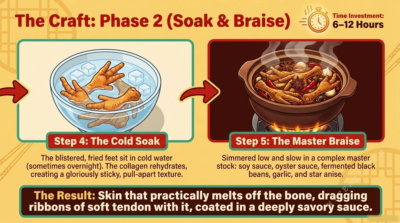 The craft phase two: cold soak, then a six to twelve hour master braise
