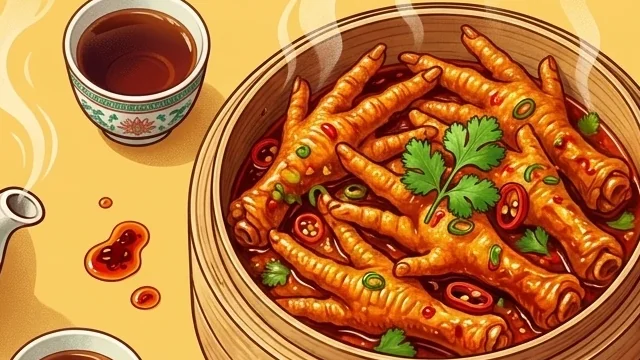 A bamboo steamer of glossy braised phoenix claw chicken feet with tea