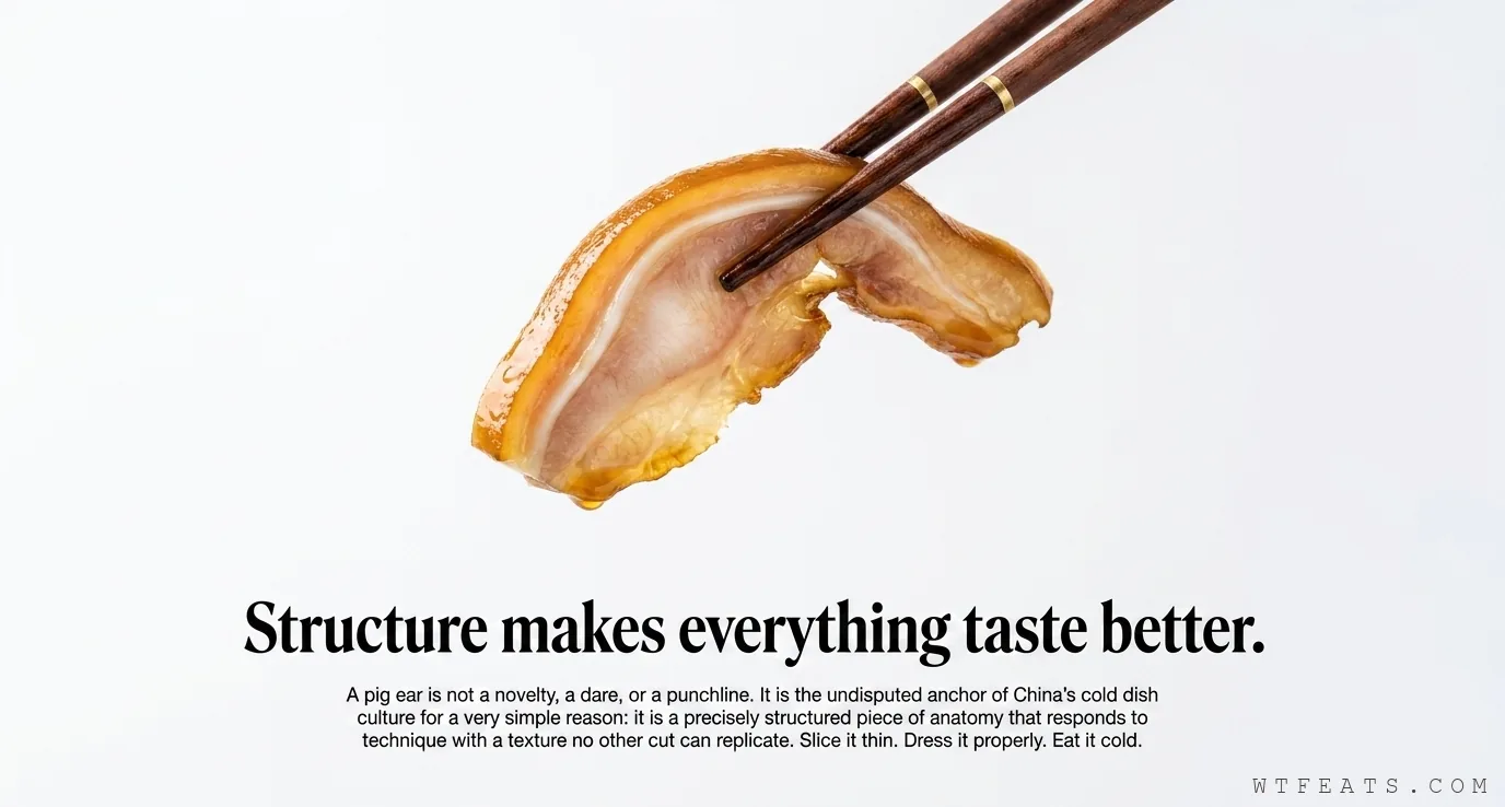 Structure makes everything taste better: a pig ear slice held by chopsticks