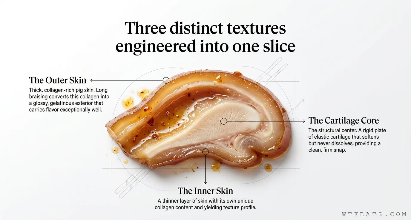 Three distinct textures engineered into one slice: outer skin, cartilage core, and inner skin