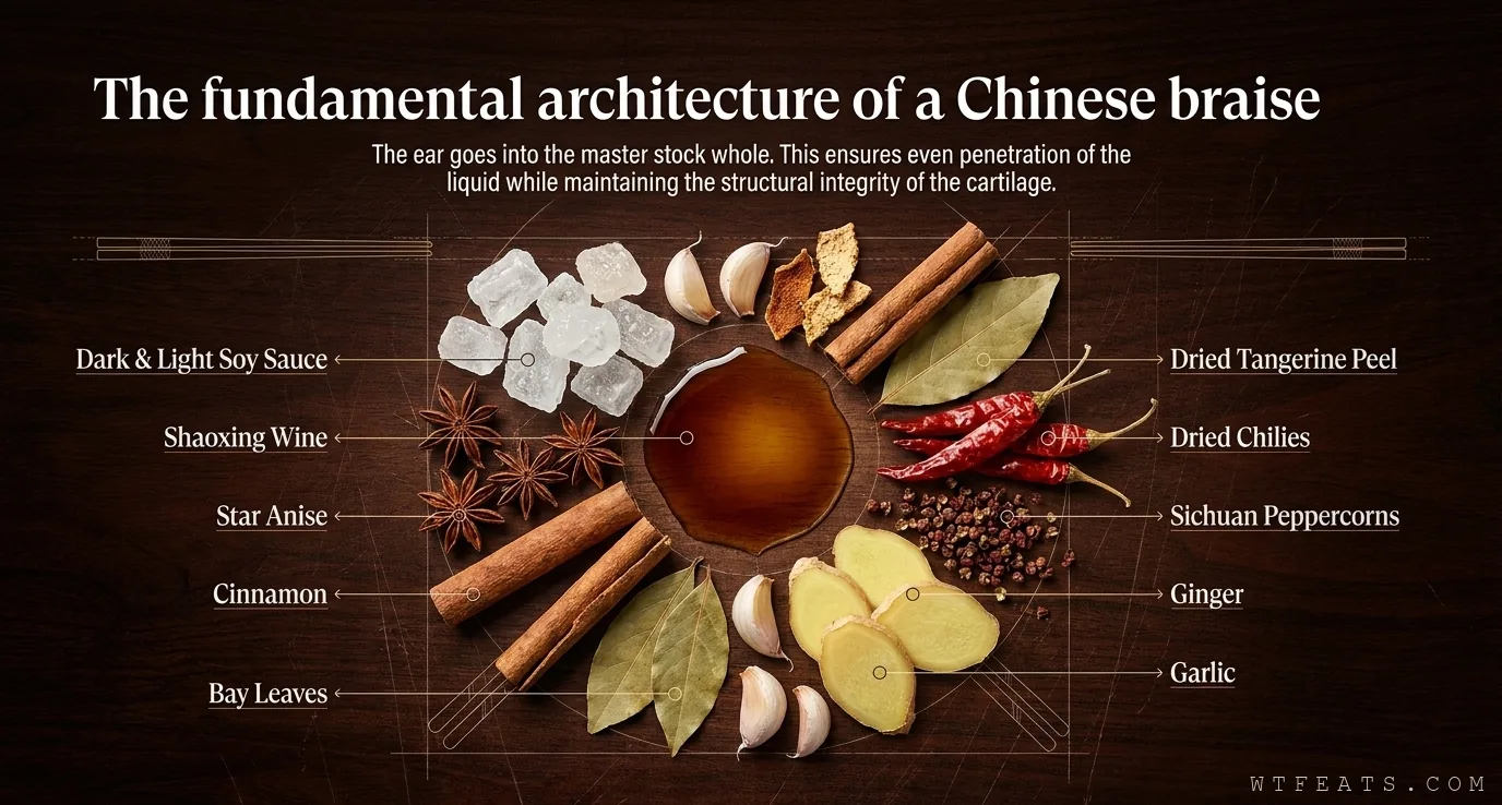 The fundamental architecture of a Chinese braise: soy sauce, Shaoxing wine, star anise, cinnamon, bay leaves, rock sugar, dried chilies, Sichuan peppercorns, ginger, garlic, dried tangerine peel