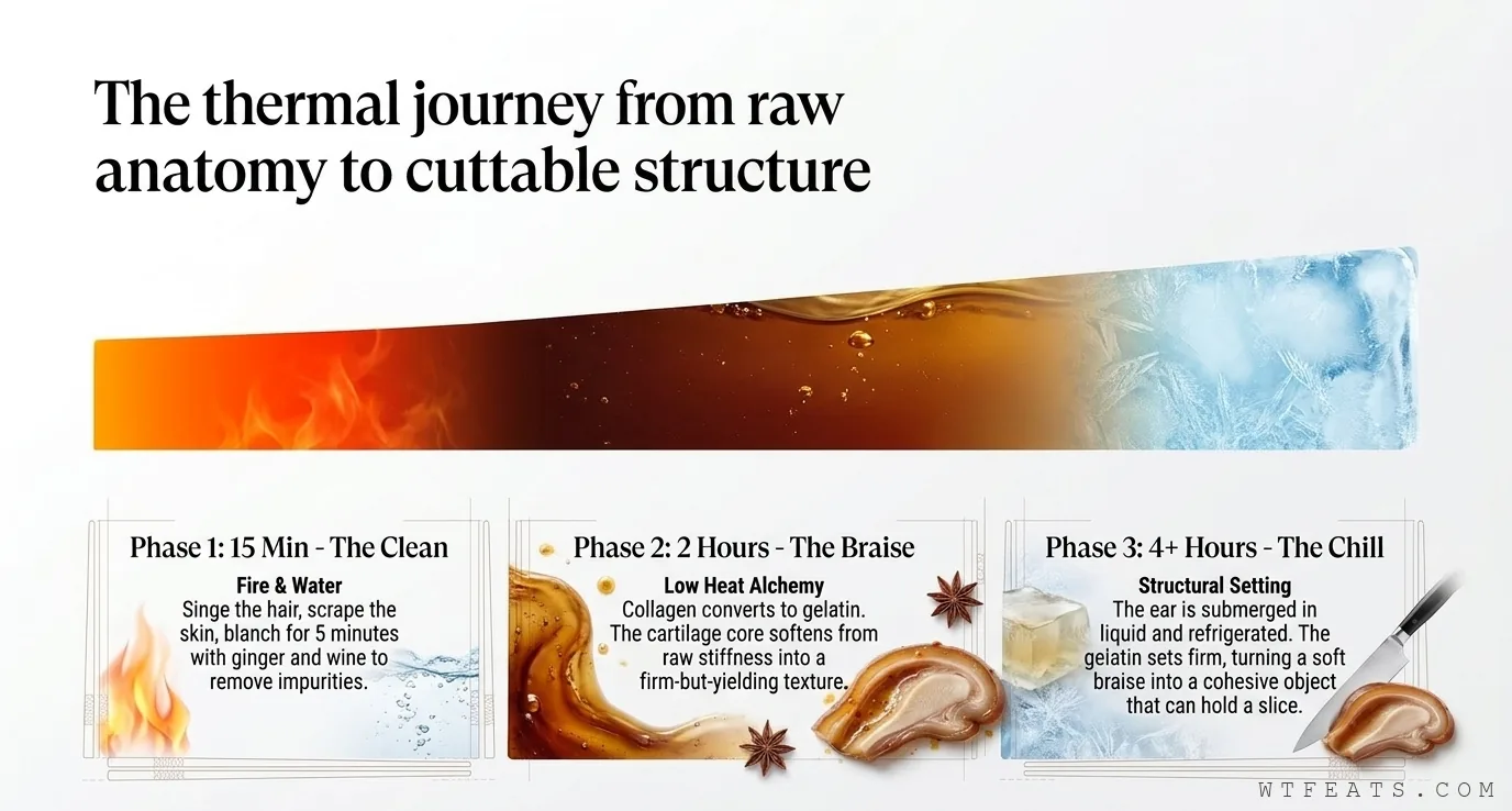 The thermal journey from raw anatomy to cuttable structure: Phase 1 The Clean, Phase 2 The Braise, Phase 3 The Chill