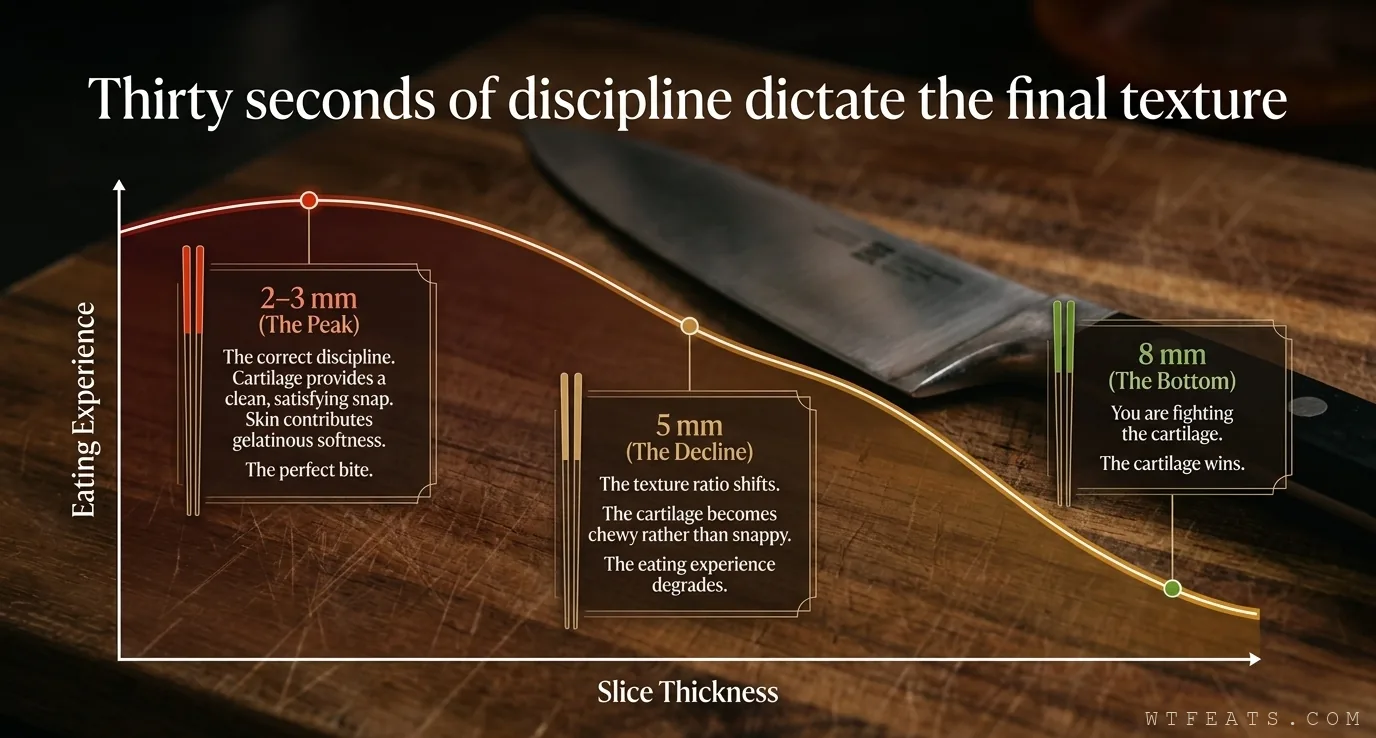 Thirty seconds of discipline dictate the final texture: 2-3mm is the peak, 5mm is the decline, 8mm the cartilage wins