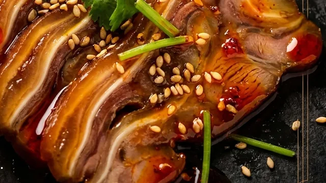 Glossy braised pig ear slices arranged on dark slate, garnished with cilantro, sesame seeds, and chili oil